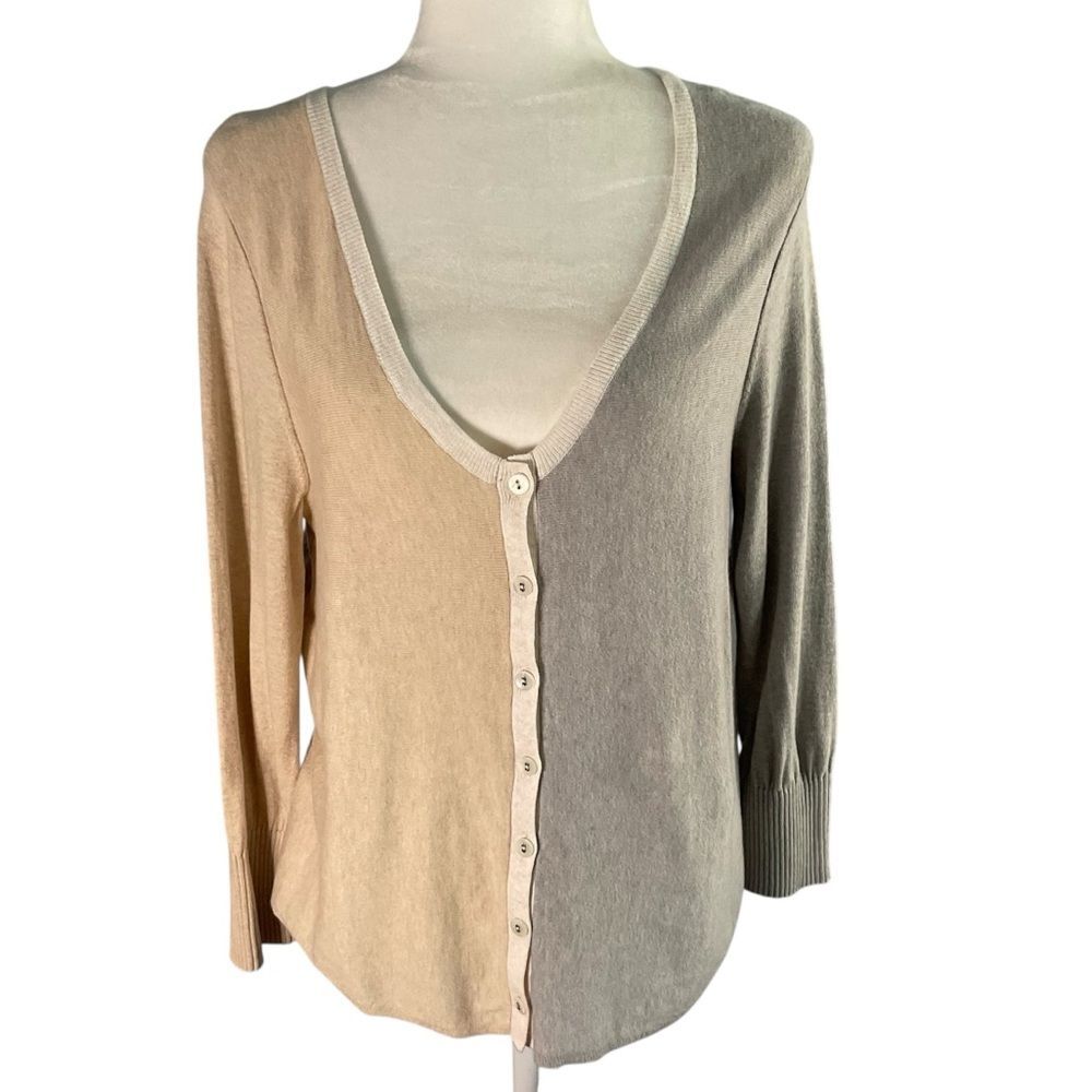 Margaret O'Leary Two-Tone Gray Tan Color Block V-Neck Button-Up Cardigan Size L